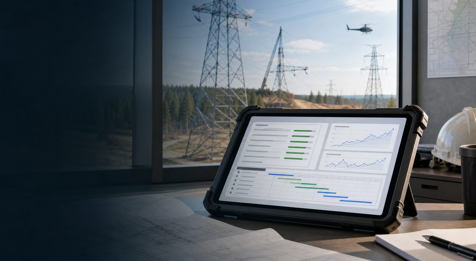 Transmission construction progress dashboard on a field tablet
