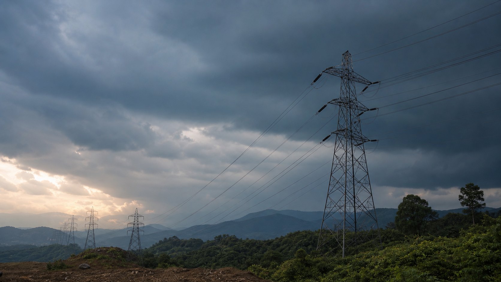 Transmission towers under storm clouds